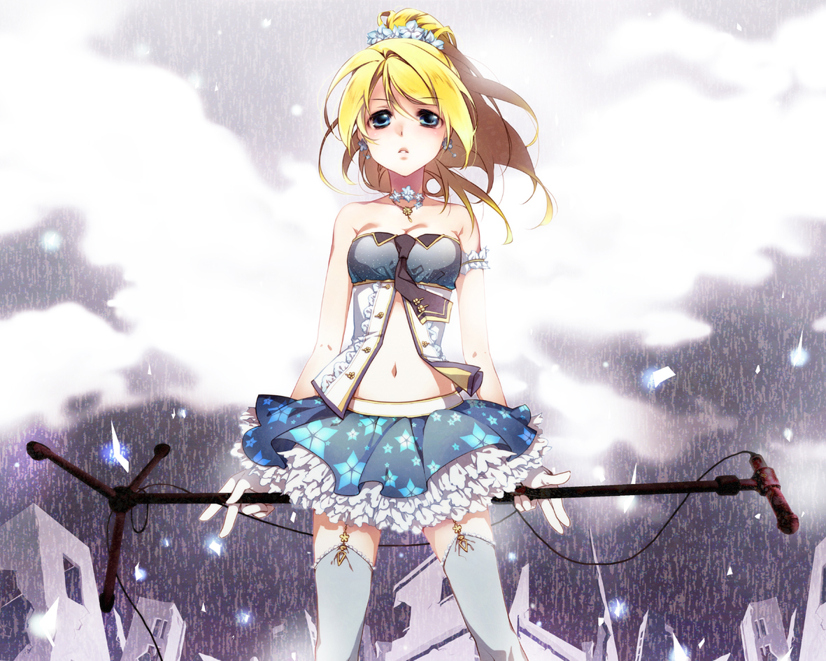 ayase_eri, blonde_hair, breasts, cleavage, love_live!_school_idol_project, microphone, ponytail, shima_(6land), stockings, thighhighs