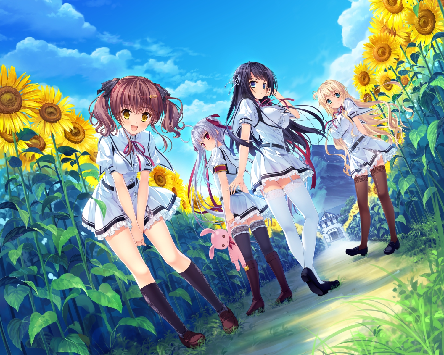 aqua_eyes, black_hair, blonde_hair, blue_eyes, boots, brown_hair, bunny, clouds, flowers, gray_hair, group, kneehighs, long_hair, manaduru_misaki, maniwa_shouko, moonstone, natsu_no_iro_no_nostalgia, origuchi_miu, red_eyes, ribbons, school_uniform, shinjouji_ayane, skirt, stockings, sunflower, thighhighs, yamakaze_ran, yellow_eyes