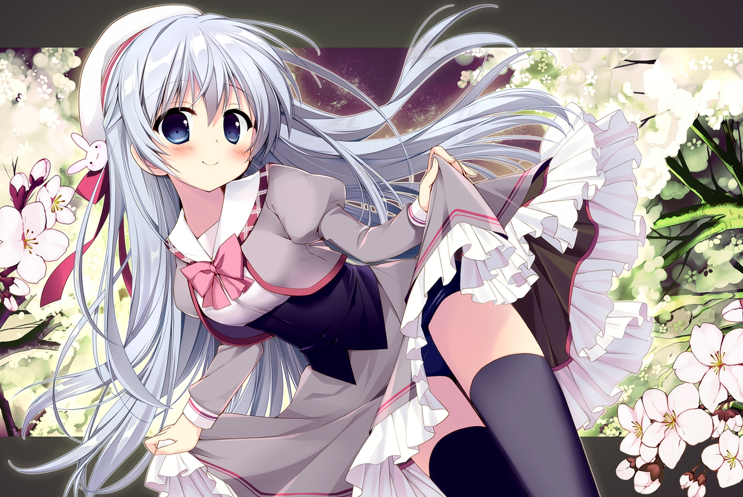 blue_eyes, gray_hair, hat, long_hair, nagayama_yuunon, original, panties, school_swimsuit, swimsuit, thighhighs, tree, underwear
