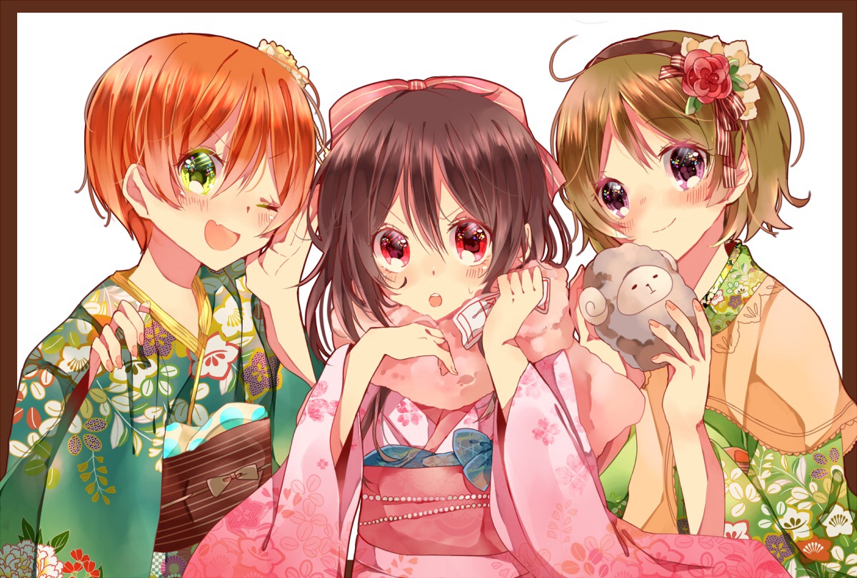 hoshizora_rin, japanese_clothes, kimono, koizumi_hanayo, love_live!_school_idol_project, naoton, red_eyes, short_hair