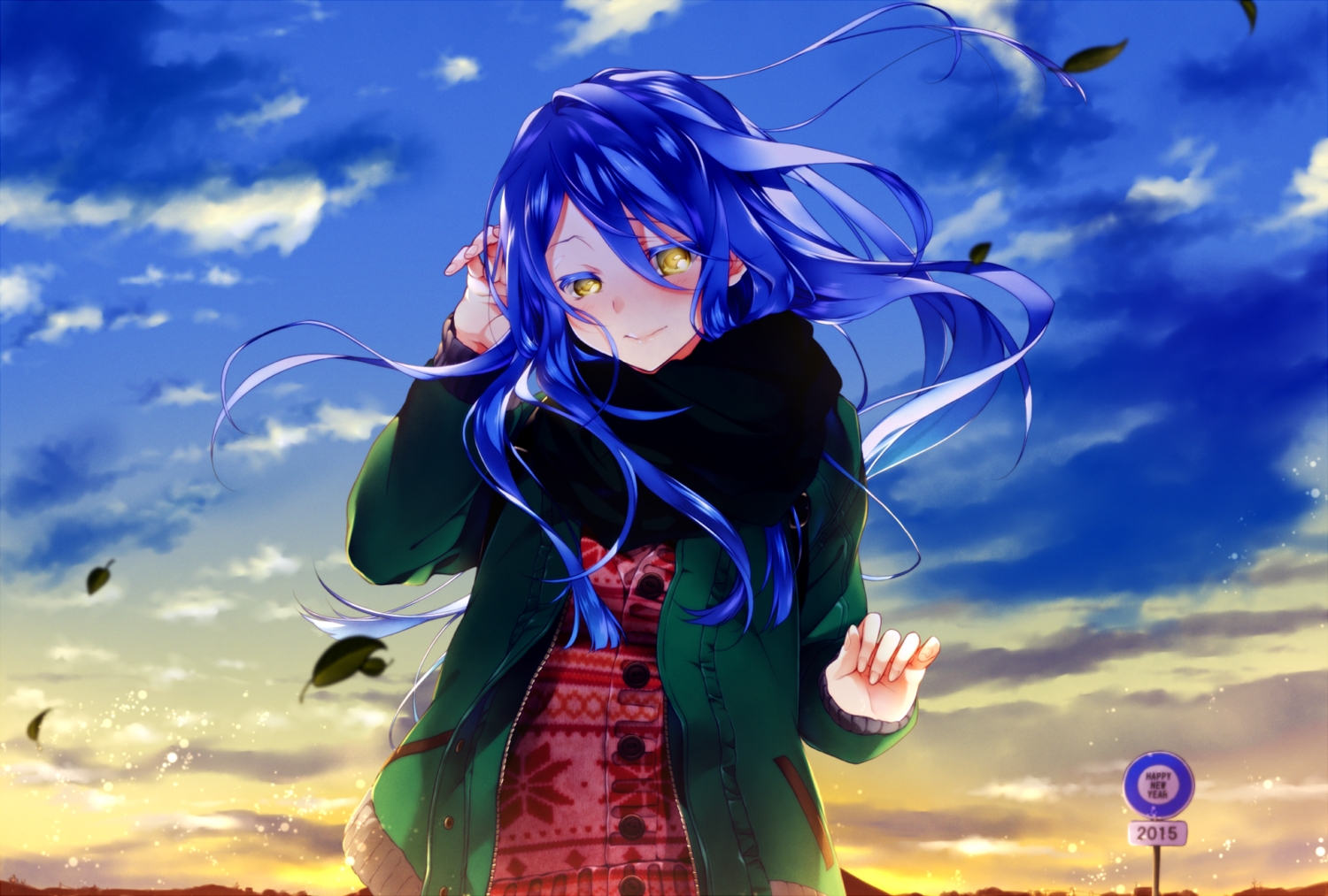 blue_hair, blush, clouds, leaves, long_hair, masami05071541, original, scarf