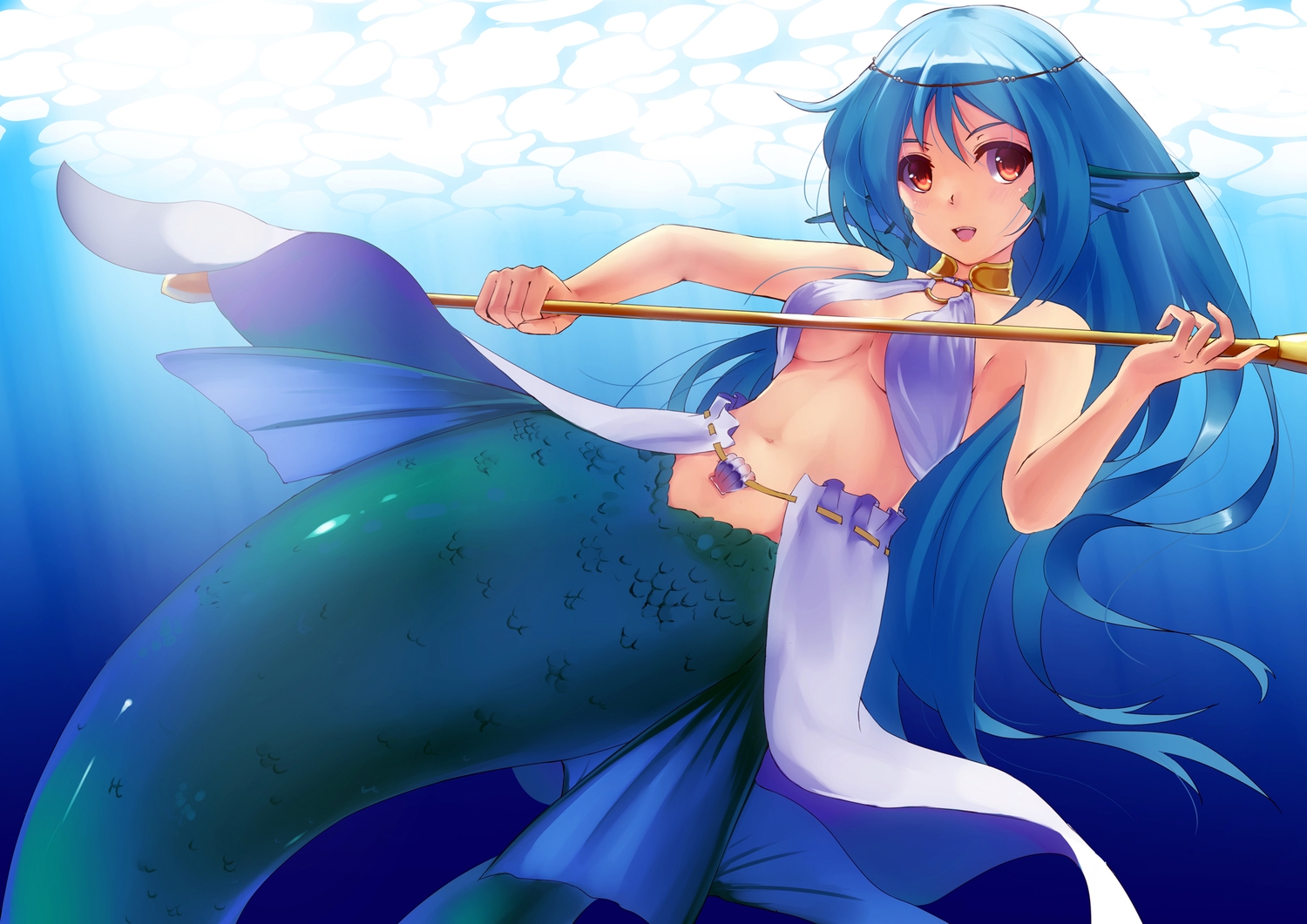 animal_ears, blue_hair, breasts, choker, cleavage, long_hair, mermaid, mizuki_ame