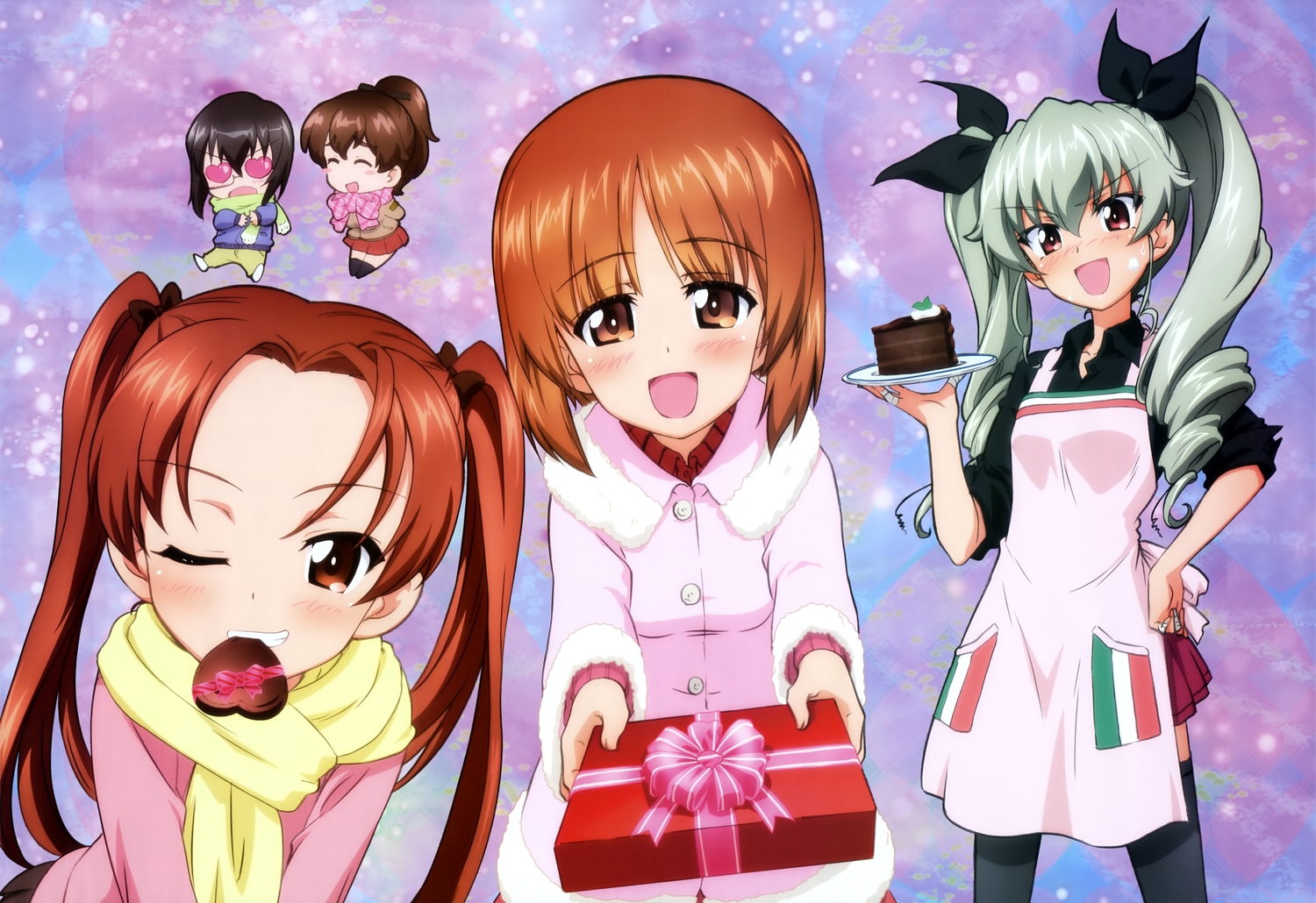 apron, bandage, black_hair, blush, brown_hair, cake, candy, chocolate, food, girls_und_panzer, glasses, gray_hair, itou_takeshi, kadotani_anzu, kawashima_momo, koyama_yuzu, long_hair, megami, nishizumi_miho, ponytail, red_eyes, red_hair, scan, short_hair, thighhighs, twintails, valentine, wink