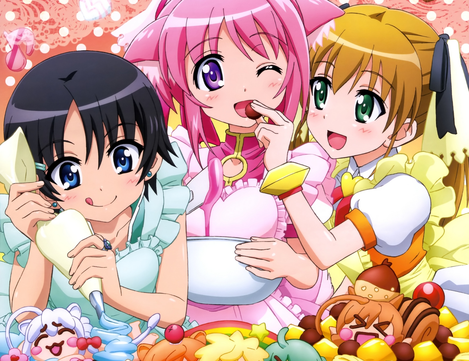 animal_ears, apron, black_hair, blue_eyes, cake, dog_days, doggirl, food