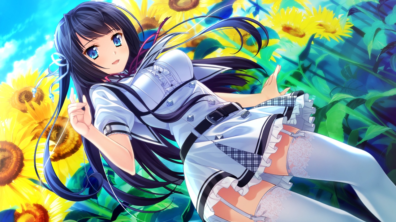 black_hair, blue_eyes, dress, flowers, game_cg, garter, long_hair, manazuru_misaki, moonstone, natsu_no_iro_no_nostalgia, ribbons, stockings, sunflower, yamakaze_ran, zettai_ryouiki