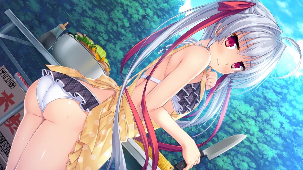 apron, ass, bikini, flat_chest, food, game_cg, gray_hair, knife, long_hair, maniwa_shouko, moonstone, natsu_no_iro_no_nostalgia, red_eyes, swimsuit, twintails, yamakaze_ran