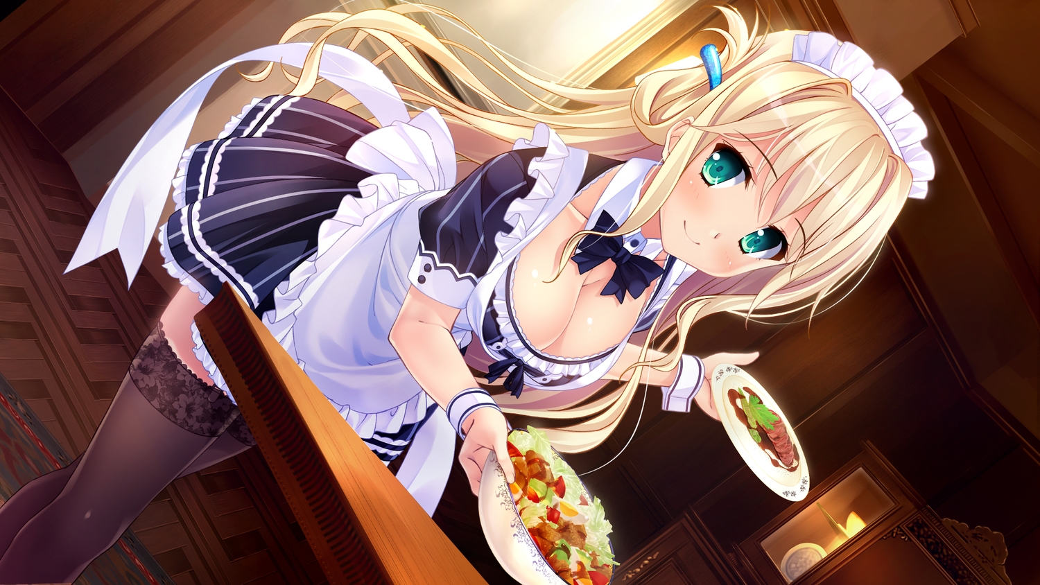 aqua_eyes, blonde_hair, breasts, cleavage, food, game_cg, headband, long_hair, maid, moonstone, natsu_no_iro_no_nostalgia, shinjouji_ayane, thighhighs, yamakaze_ran, zettai_ryouiki