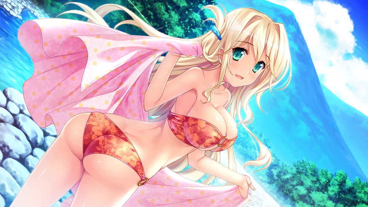 aqua_eyes, ass, bikini, blonde_hair, breasts, cleavage, game_cg, long_hair, moonstone, natsu_no_iro_no_nostalgia, shinjouji_ayane, swimsuit, yamakaze_ran