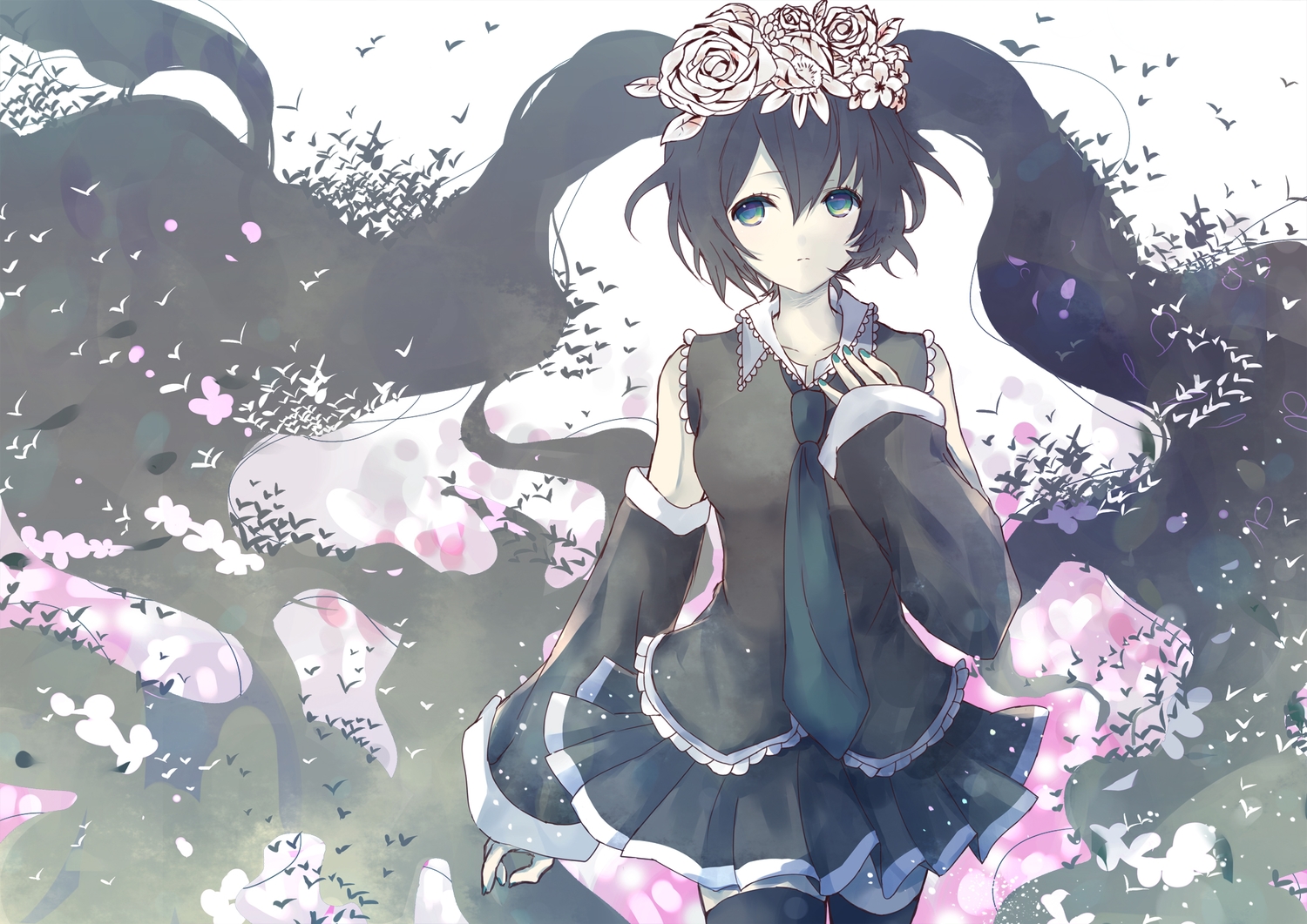 alicetype, black_hair, flowers, green_eyes, hatsune_miku, long_hair, skirt, thighhighs