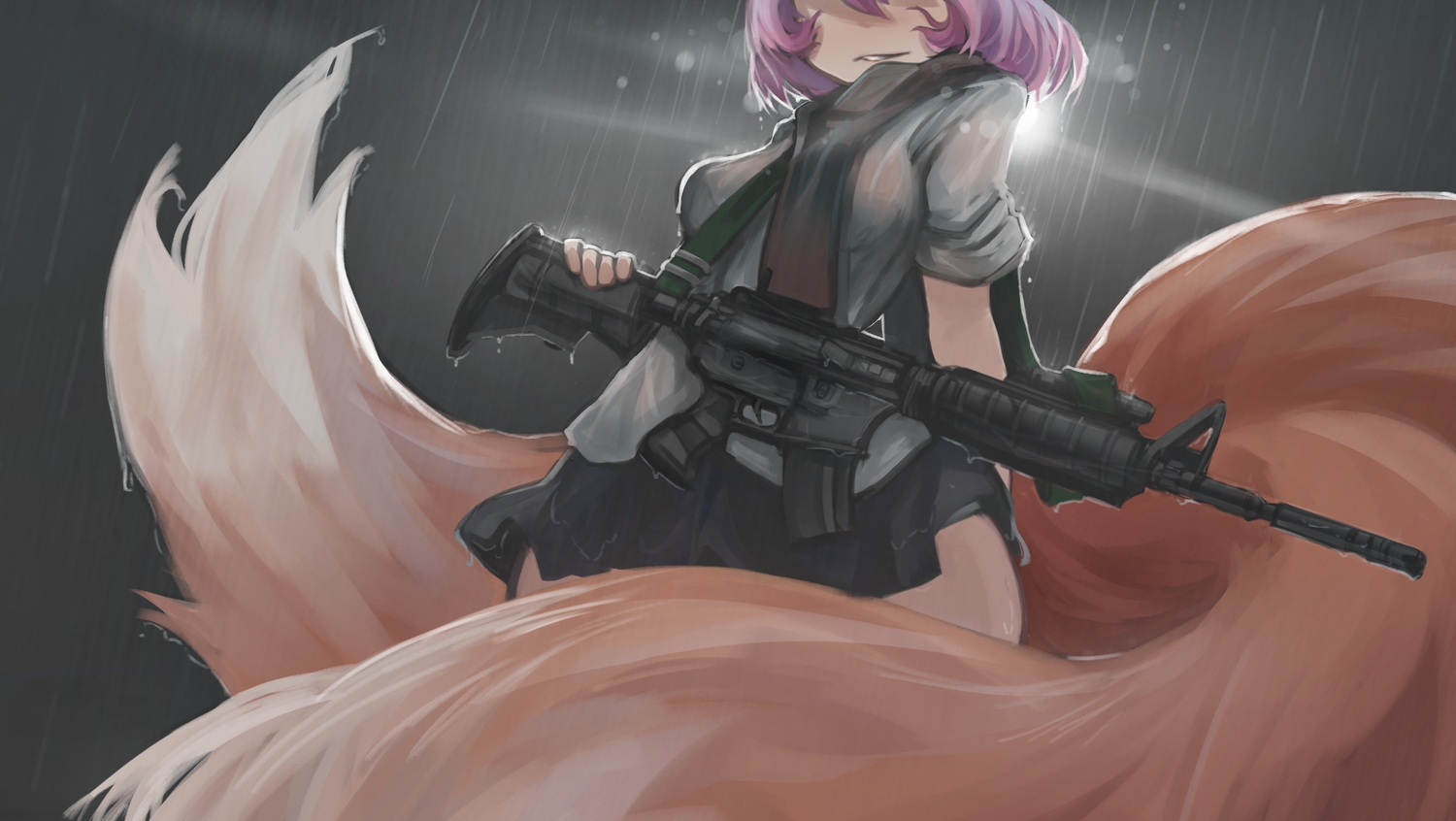 arceon, foxgirl, gun, original, purple_hair, rain, tail, water, weapon, wet
