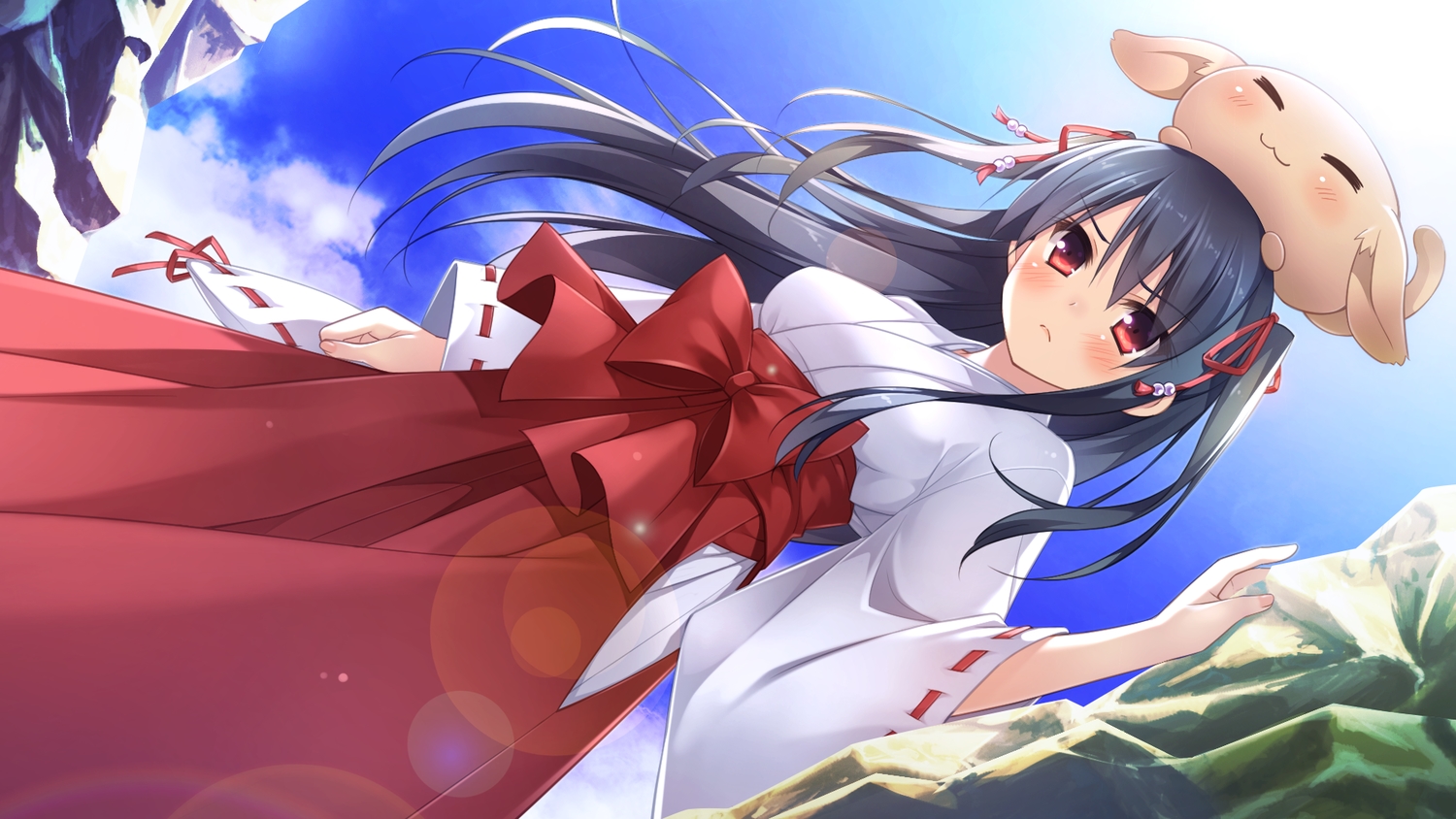amakoi_syrups, black_hair, cube, game_cg, japanese_clothes, kusaka_hozumi, long_hair, manjuu-sama, miko, pan_(mimi), red_eyes