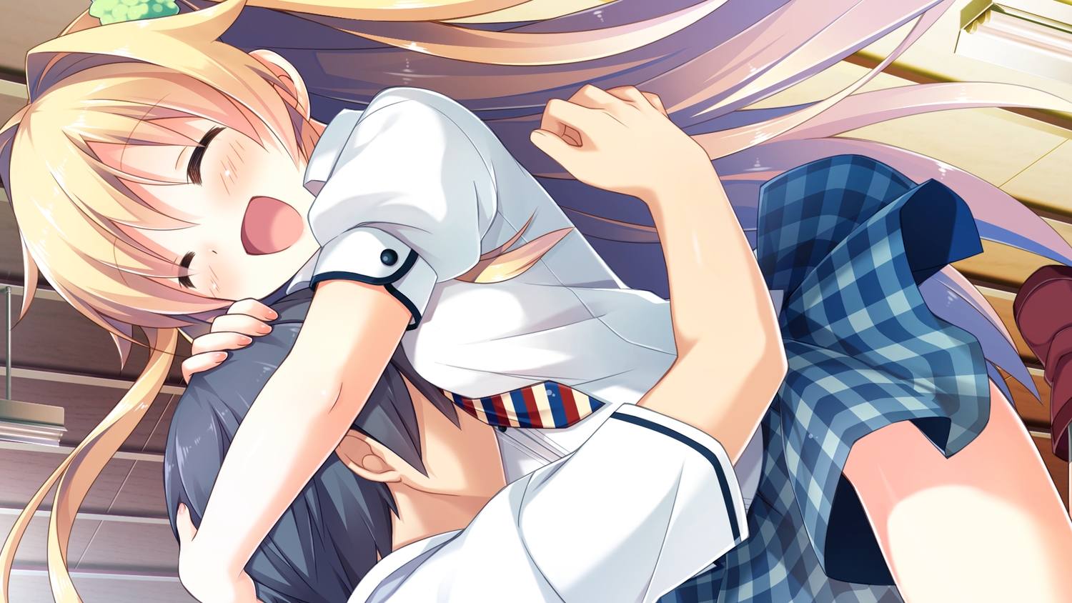 amakoi_syrups, anastesia_lawes, blonde_hair, cube, game_cg, katori_sachikazu, long_hair, male, school_uniform, skirt, suimya