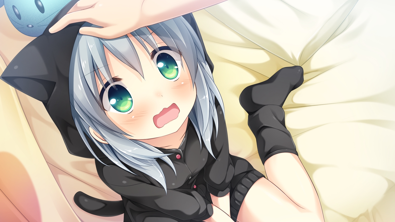 amakoi_syrups, animal_ears, bed, cube, game_cg, gray_hair, green_eyes, hood, katori_rin, pajamas, suimya, tail