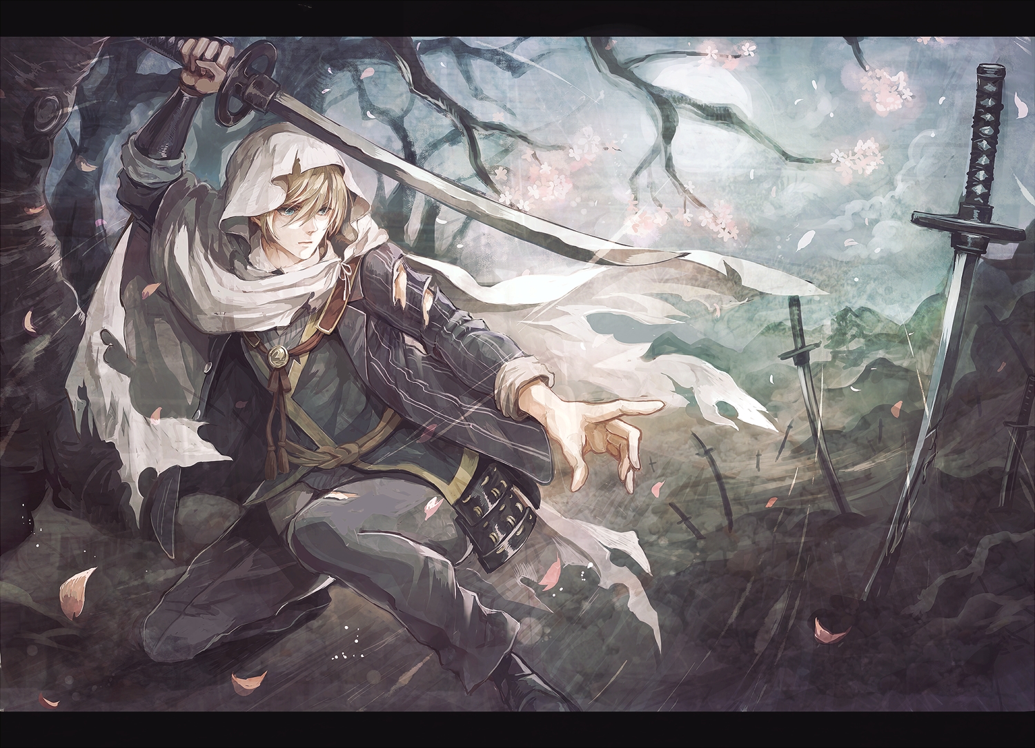 all_male, anthropomorphism, blonde_hair, blue_eyes, katana, male, petals, senano-yu