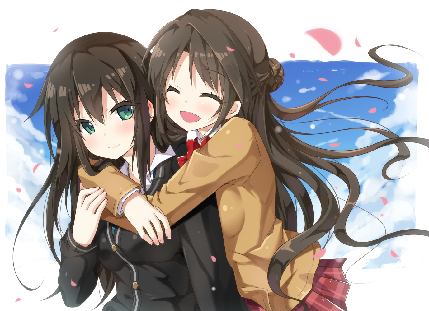 2girls, blush, brown_hair, green_eyes, hug, idolmaster, idolmaster_cinderella_girls, long_hair