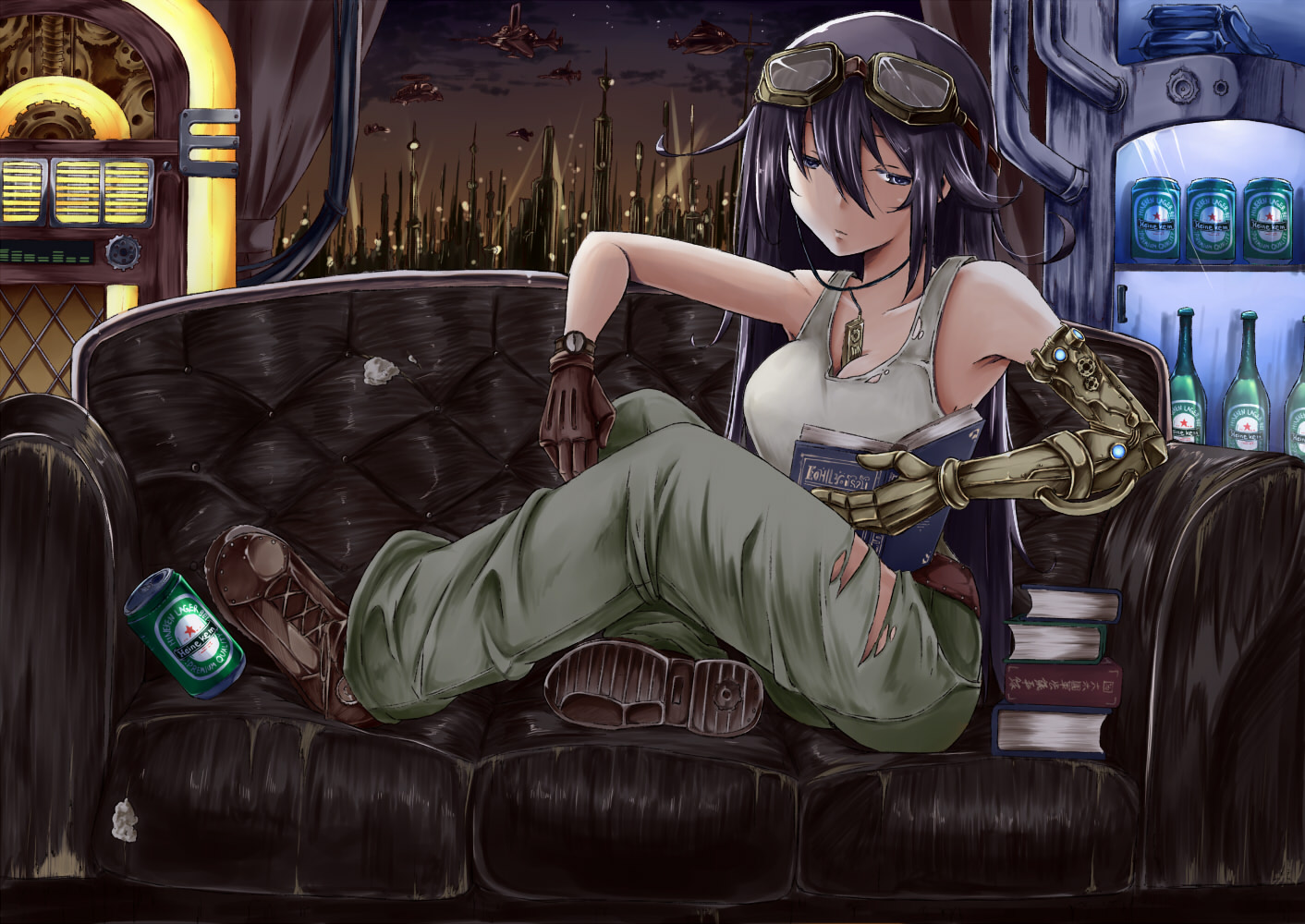 aircraft, black_hair, blue_hair, book, breasts, building, city, cleavage, drink, gloves, goggles, hiba_(p-p-purin), jpeg_artifacts, long_hair, necklace, original, techgirl, torn_clothes, wristwear