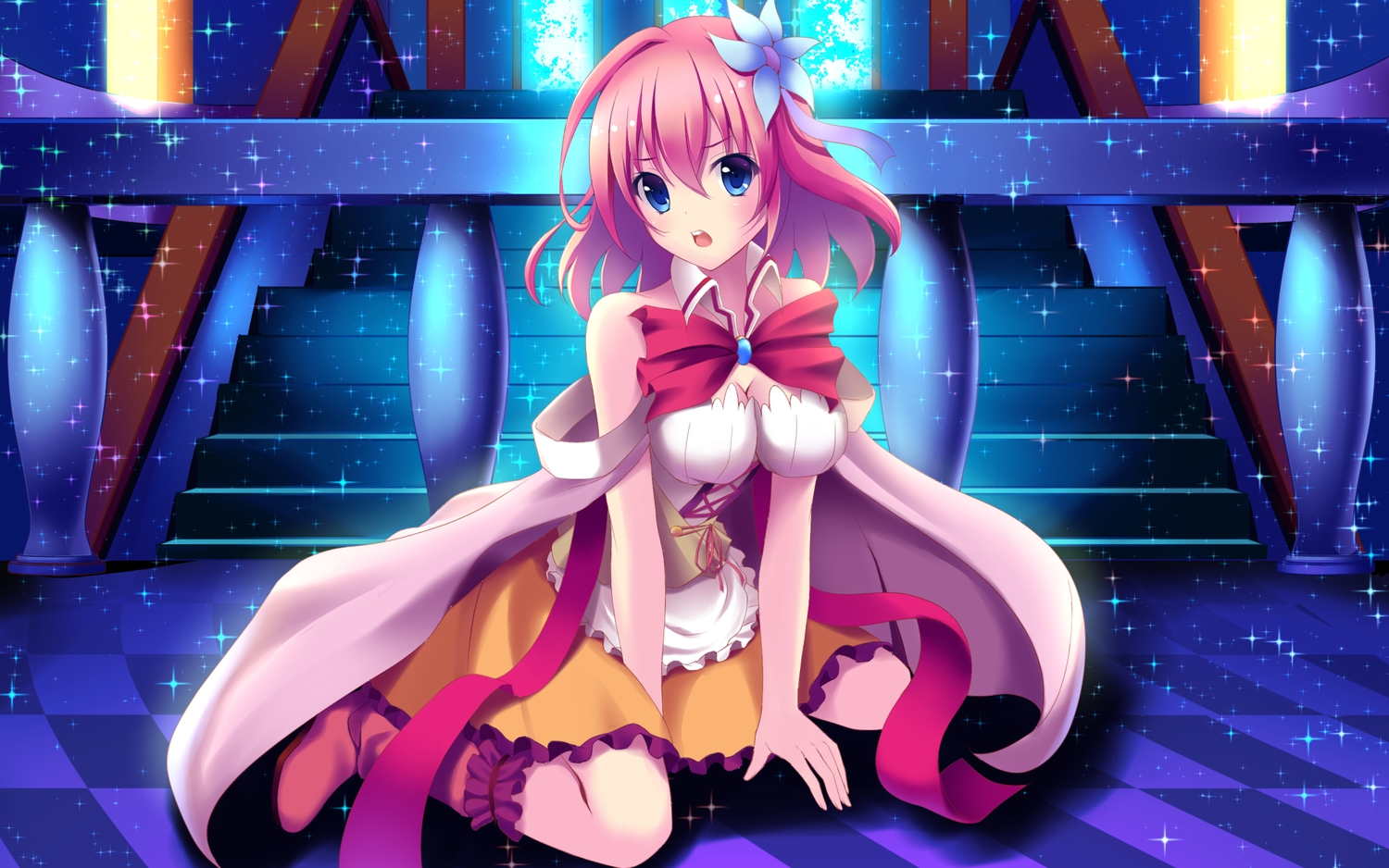 blue_eyes, boots, cape, dress, korotan, no_game_no_life, red_hair, ribbons, stairs, stephanie_dola
