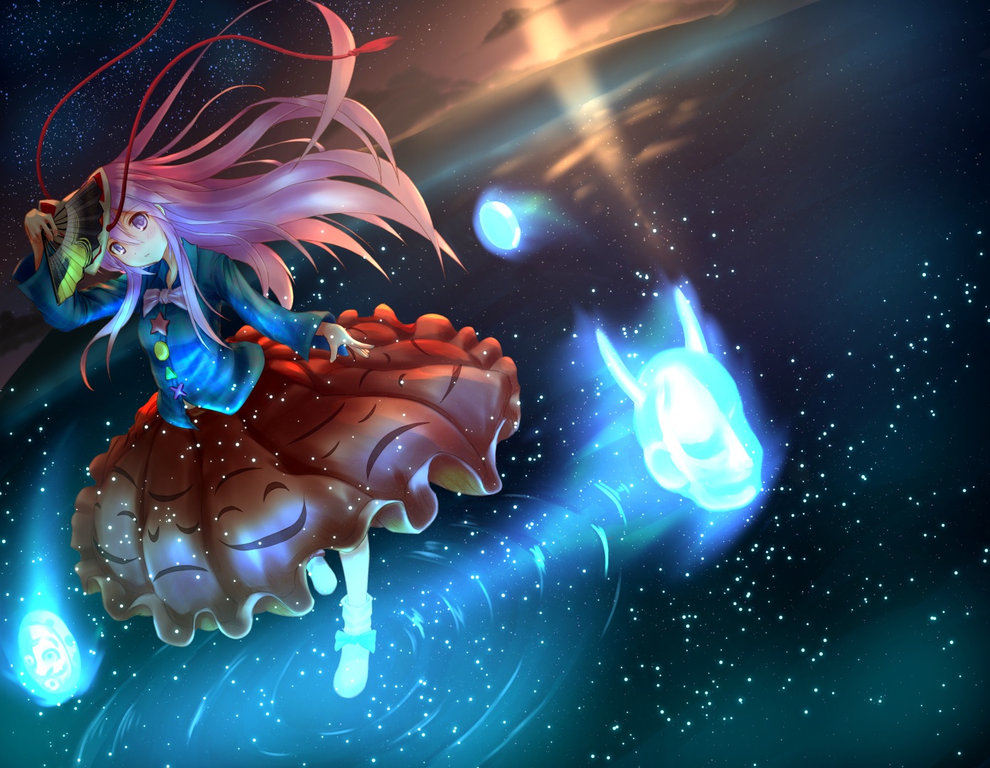fan, ginger_(syoga), hata_no_kokoro, long_hair, night, pink_eyes, pink_hair, skirt, stars, touhou, water