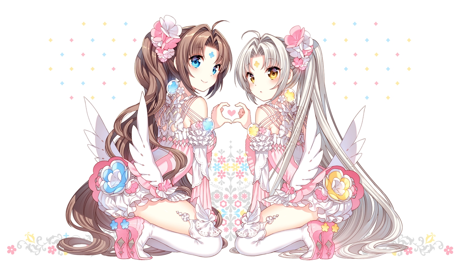 2girls, aqua_eyes, brown_hair, flowers, gray_hair, heart, kneehighs, long_hair