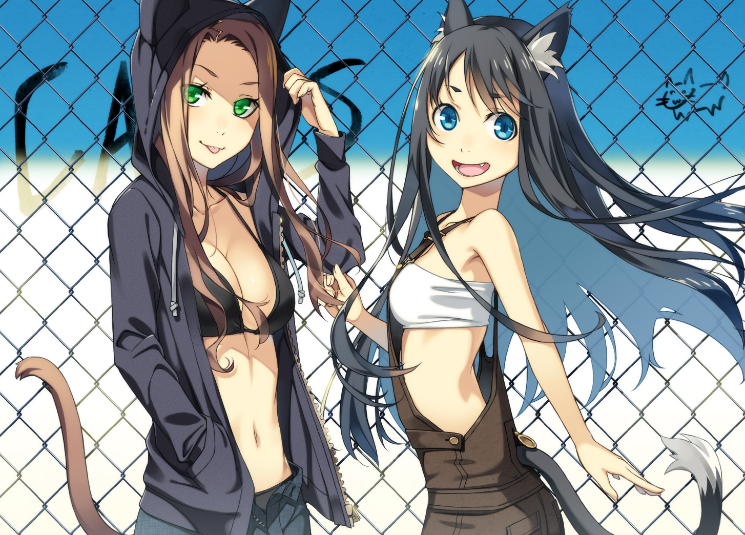 2girls, animal_ears, aqua_eyes, bikini_top, black_hair, breasts, brown_hair, catgirl