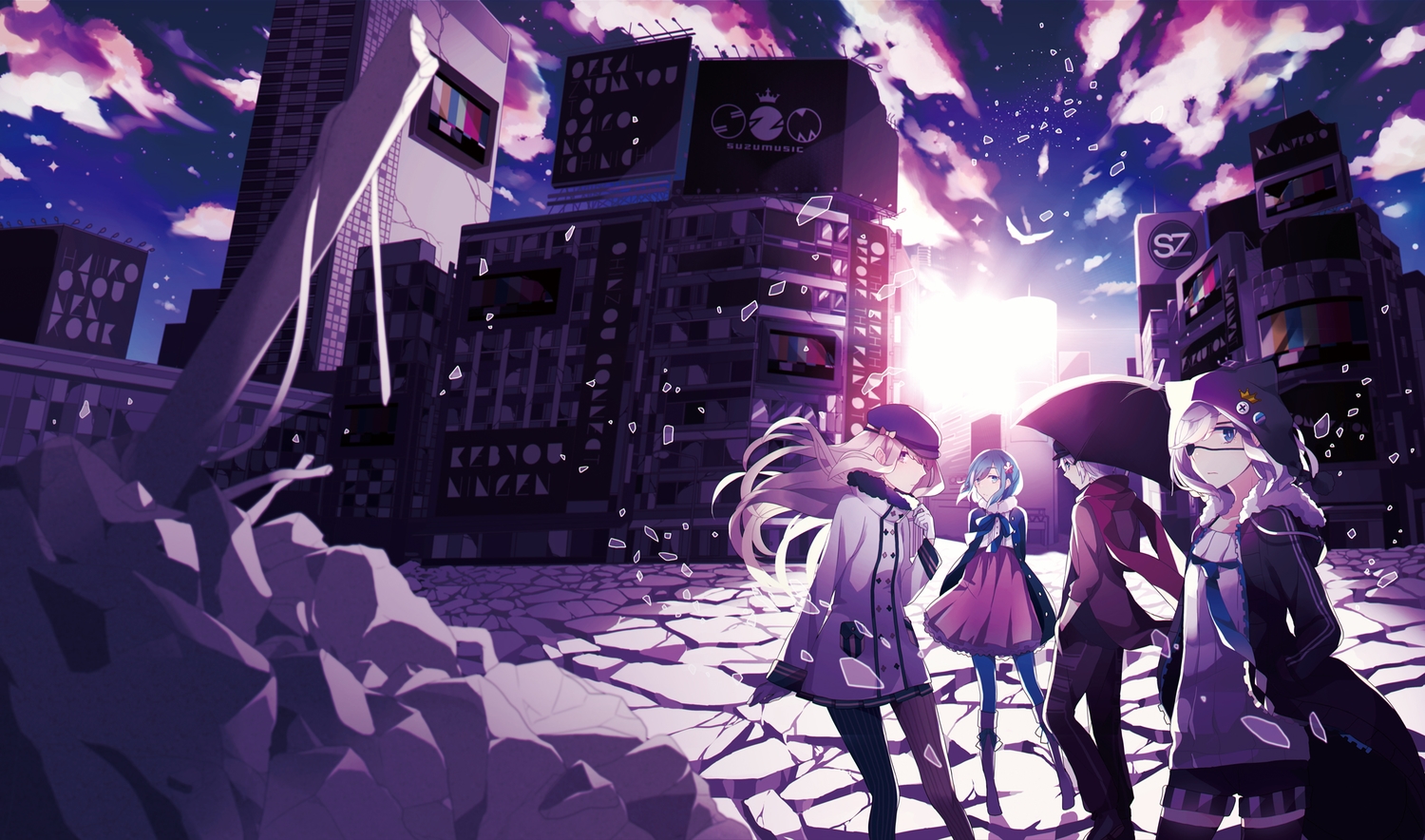 building, city, clouds, dress, eyepatch, group, hat, long_hair, original, pantyhose, saine_(artist), shorts, sky, thighhighs, umbrella