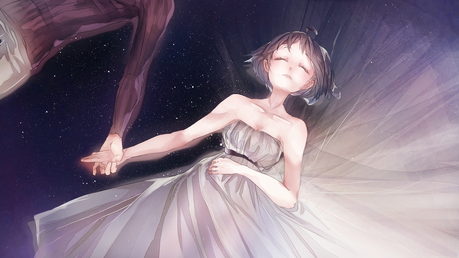 black_hair, dress, mizutame_tori, original, short_hair, sleeping, stars