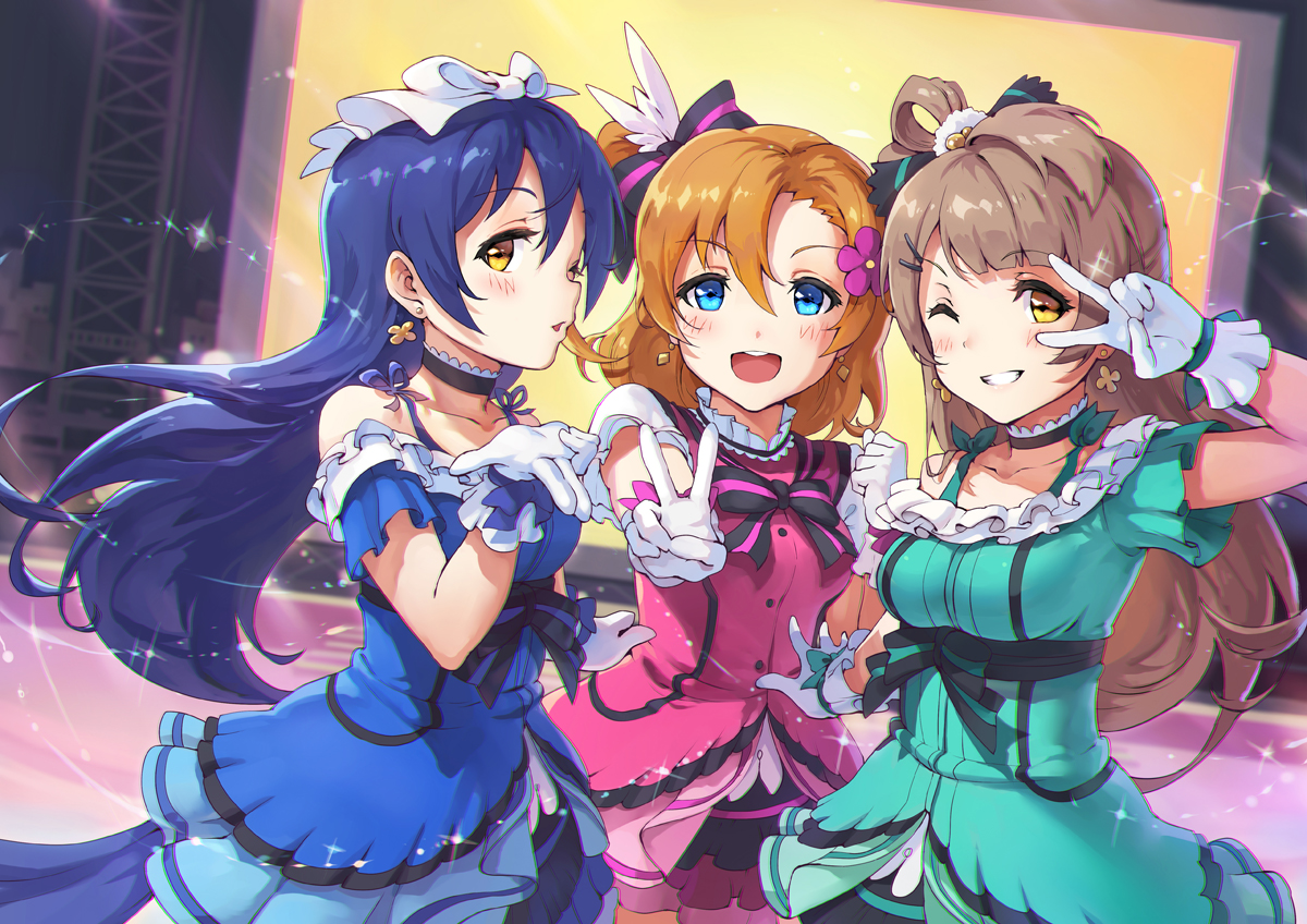 blue_eyes, blue_hair, blush, bow, brown_hair, choker, dress, gloves