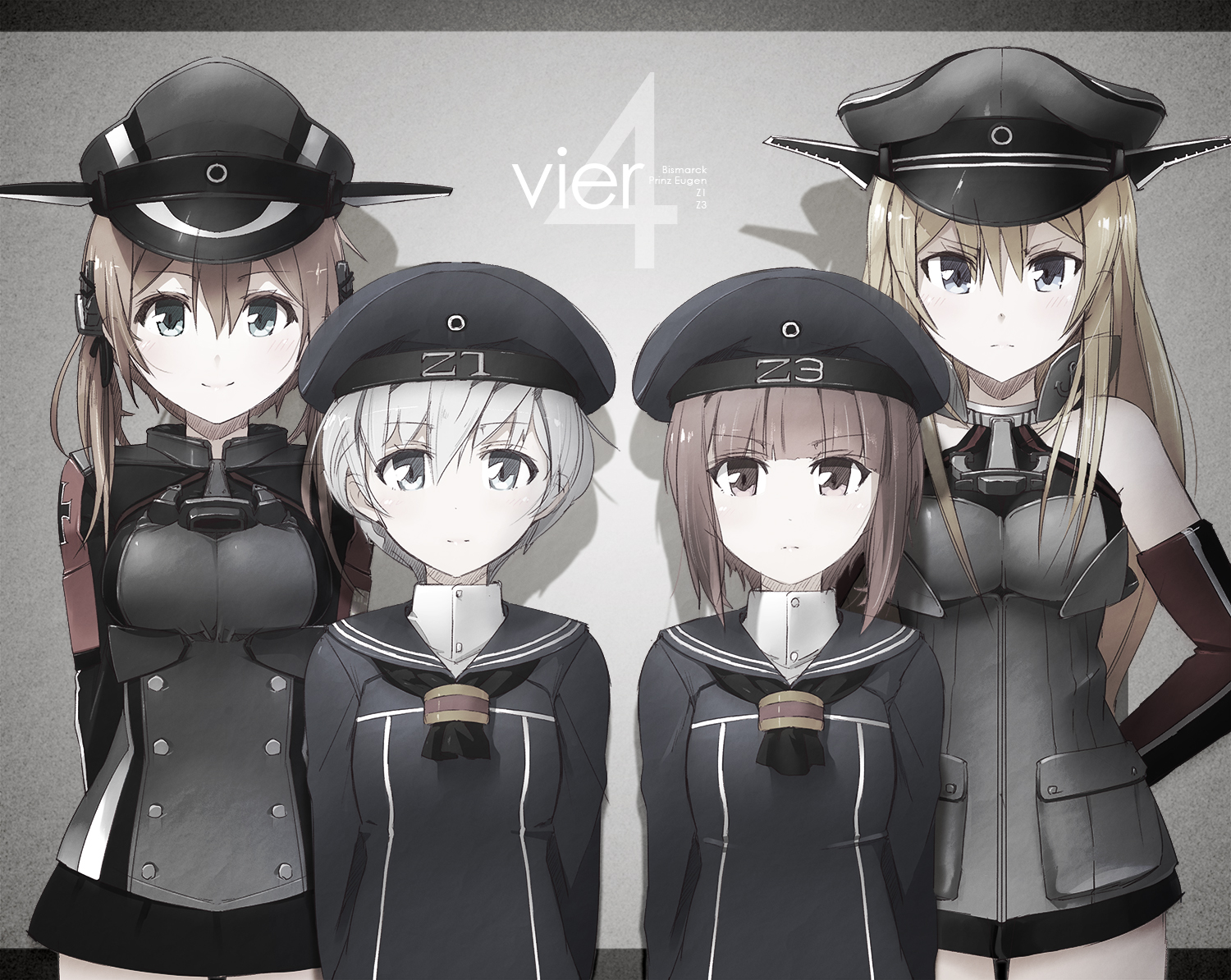 anthropomorphism, bismarck_(kancolle), blonde_hair, group, hat, kantai_collection, long_hair, polychromatic