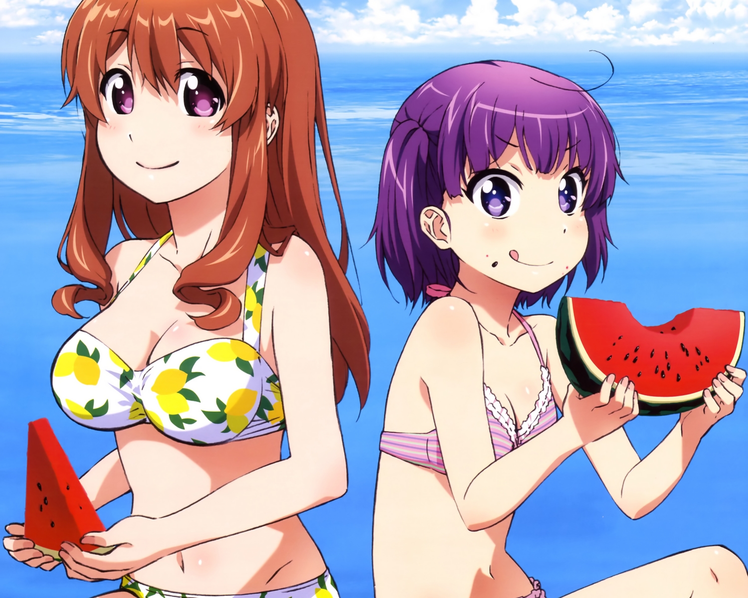 bikini, blue_eyes, brown_hair, food, fruit, koufuku_graffiti, long_hair, machiko_ryou