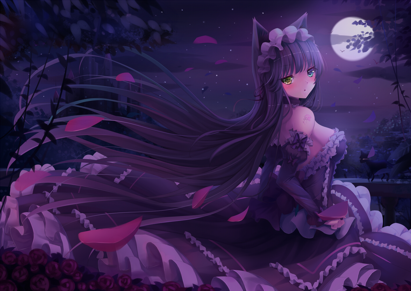 animal, animal_ears, bicolored_eyes, blush, cat, dress, flowers, goth-loli, headdress, lolita_fashion, long_hair, moon, night, original, petals, polychromatic, rose, sonikey0_0, stars, tattoo