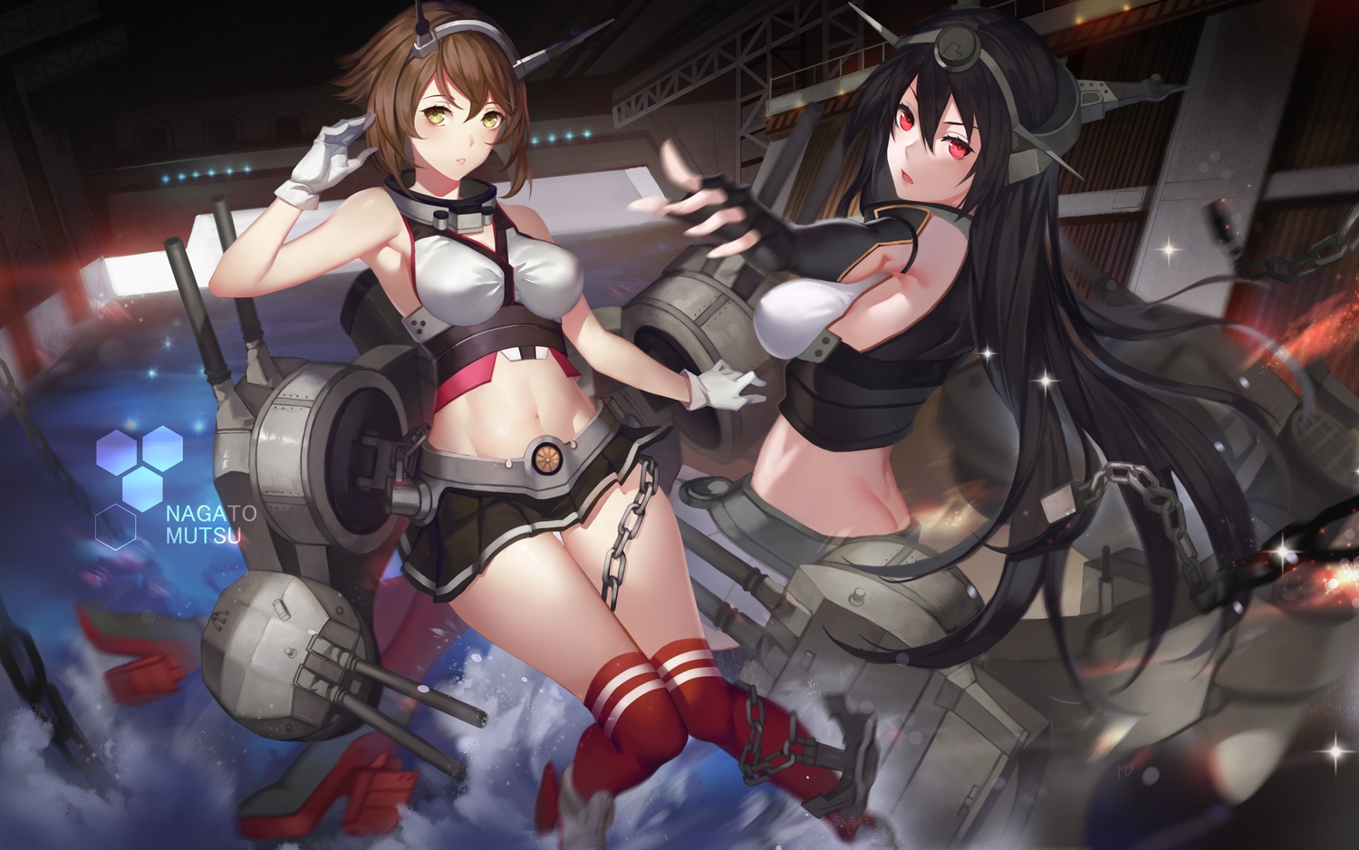 2girls, anthropomorphism, black_hair, brown_hair, gloves, headdress, kantai_collection, long_hair