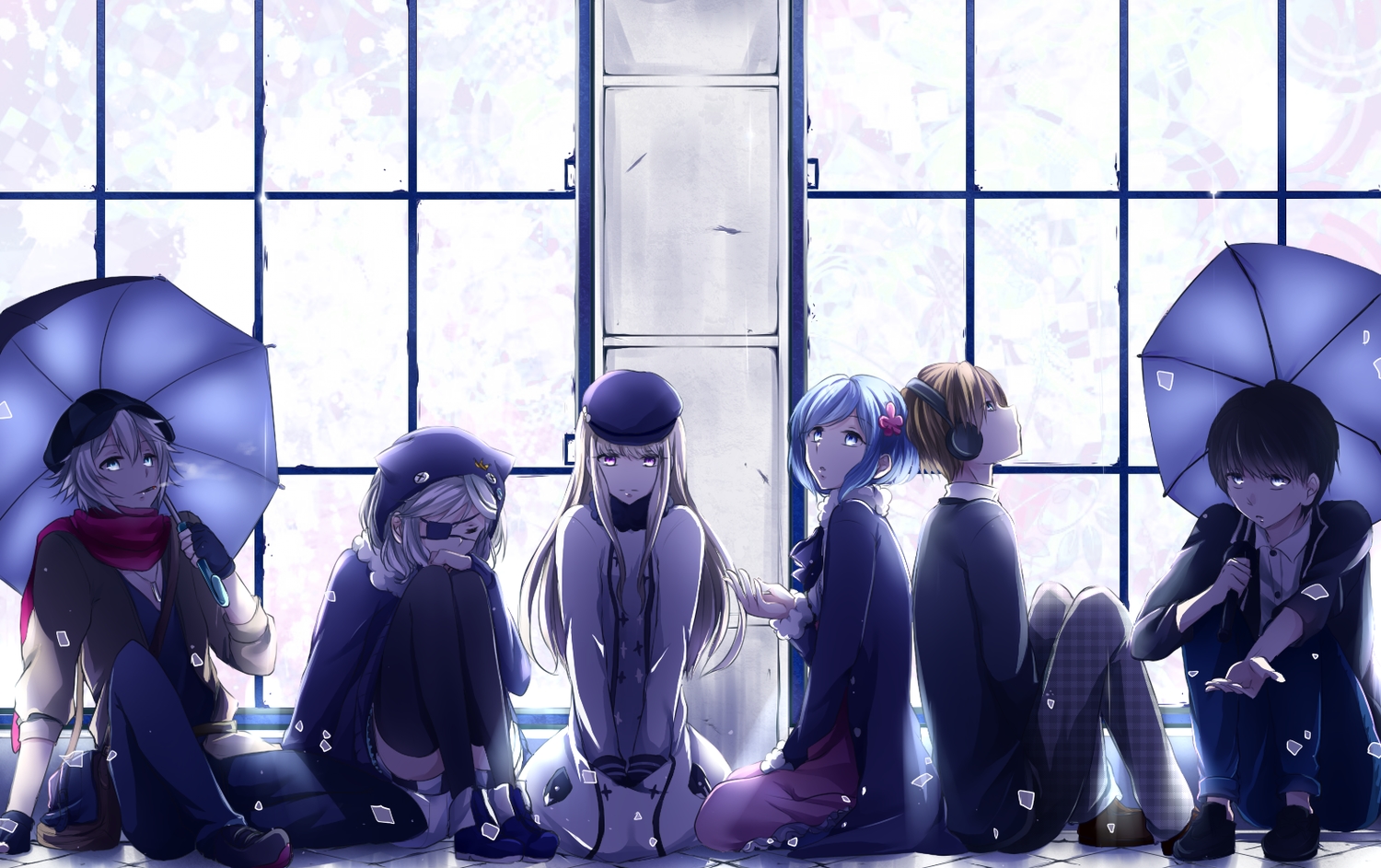 cigarette, eyepatch, group, hat, headphones, hinata_(uzukitten), long_hair, original, short_hair, umbrella, vocaloid