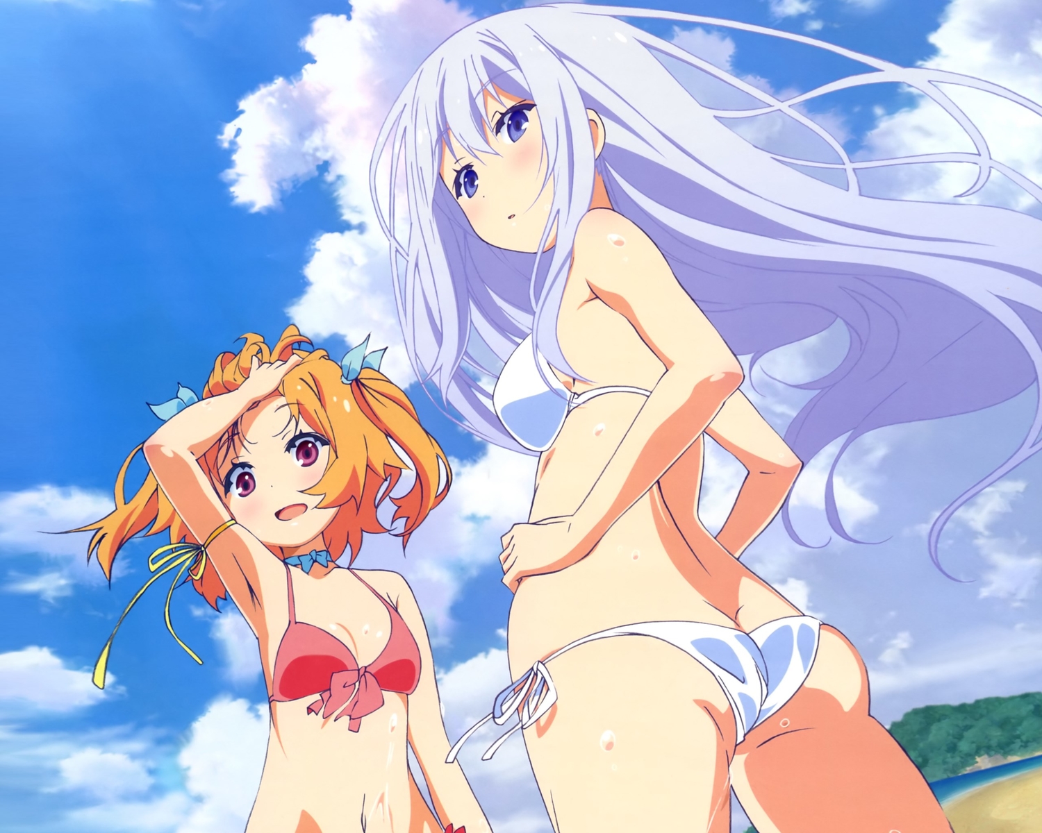 bikini, blue_eyes, blush, breasts, clouds, gray_hair, harusaki_chiwa, natsukawa_masuzu, orange_hair, ore_no_kanojo_to_osananajimi_ga_shuraba_sugiru, purple_eyes, scan, swimsuit, twintails, water