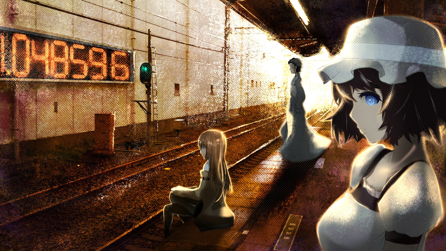 black_hair, blue_eyes, hat, makise_kurisu, okabe_rintarou, shiina_mayuri, steins;gate