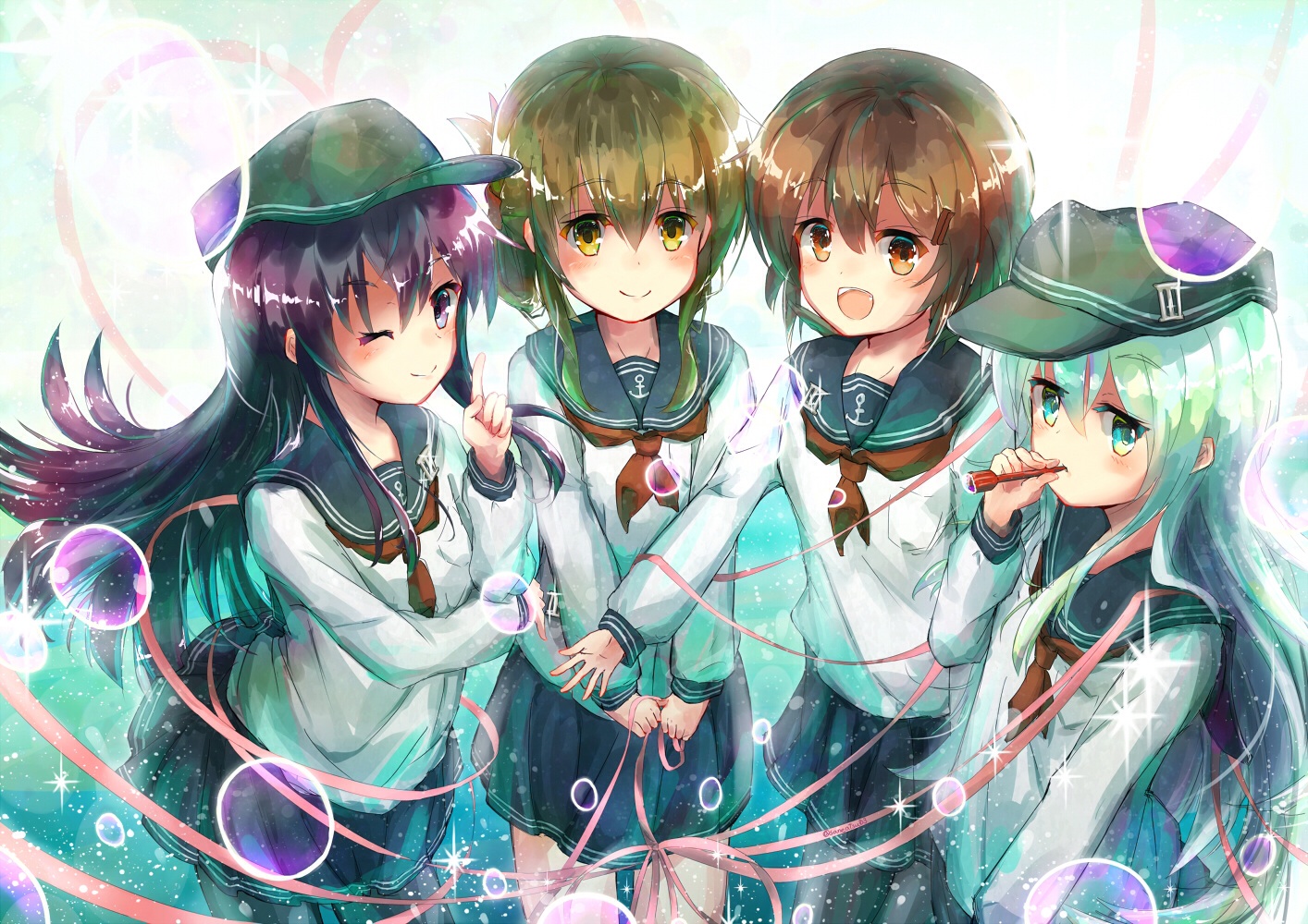 akatsuki_(kancolle), anthropomorphism, black_hair, blue_eyes, brown_eyes, brown_hair, hat, hibiki_(kancolle)