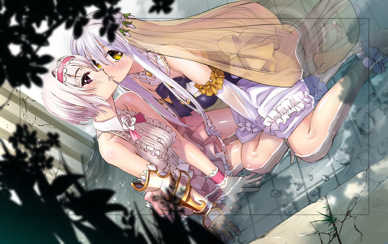 2girls, alstroemeria_(flower_knight_girl), anthropomorphism, blonde_hair, blush, flower_knight_girl, gloves, headband, long_hair, pink_eyes, royal_princess_(flower_knight_girl), sasayuki, short_hair, shoujo_ai, water, white_hair, wristwear, yellow_eyes