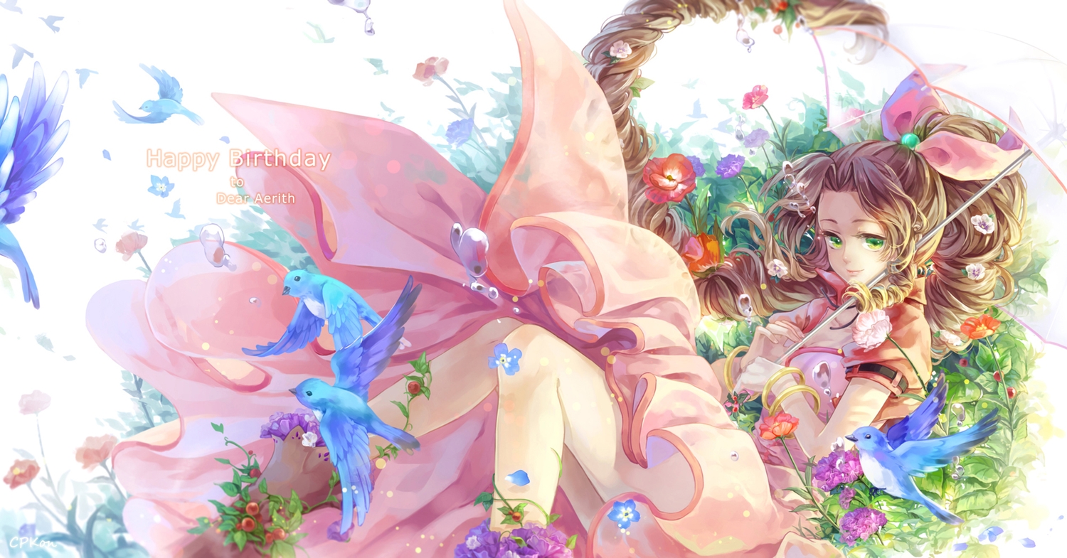 aerith_gainsborough, animal, bird, brown_hair, cpkon, dress, final_fantasy, final_fantasy_vii