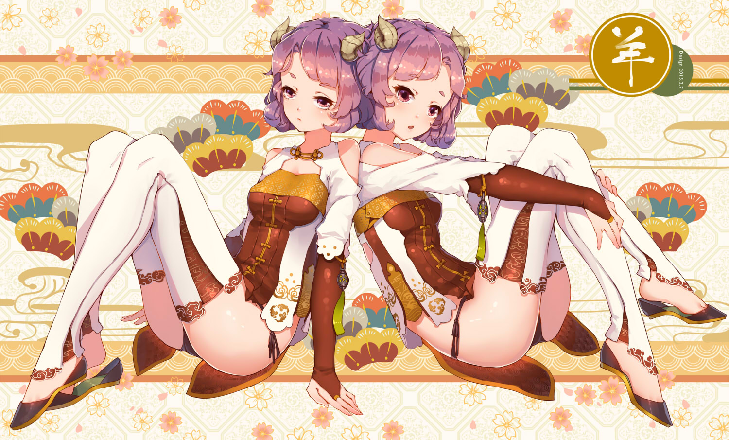 2girls, blush, elbow_gloves, gloves, hokou_sakuran, horns, original, purple_eyes