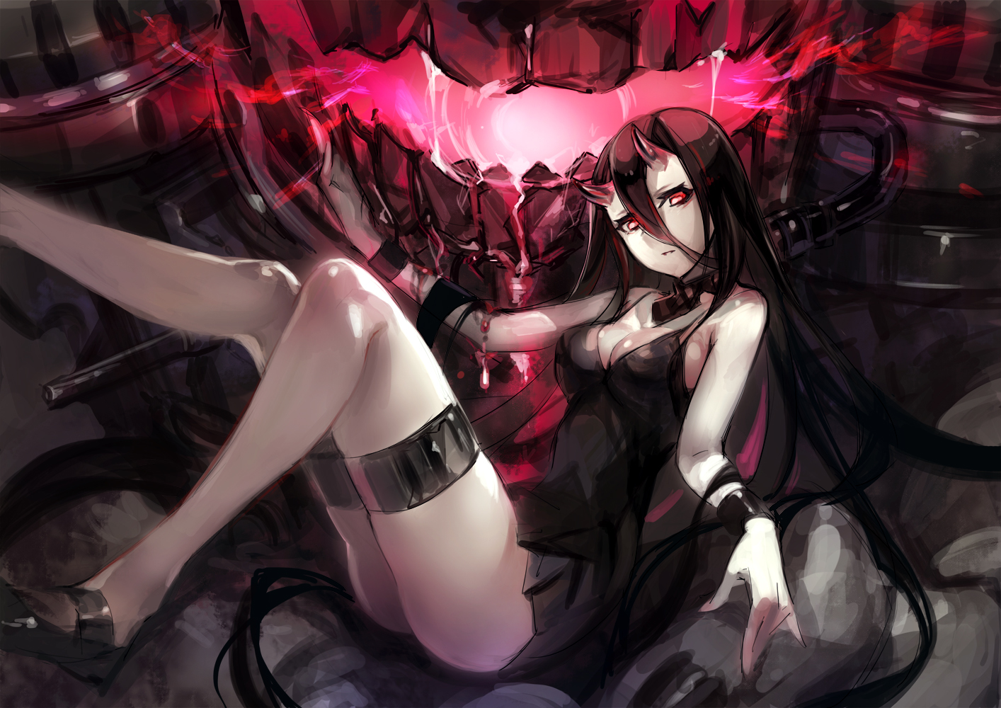 anthropomorphism, battleship_hime, black_hair, breasts, cleavage, dakuro, horns, kantai_collection, long_hair, red_eyes, wristwear