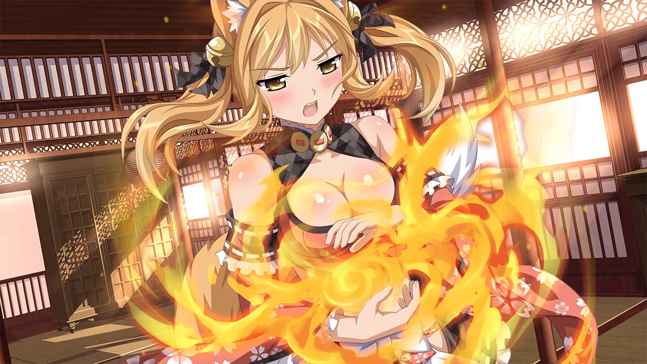 animal_ears, bell, blonde_hair, blush, bow, breasts, cleavage, fire