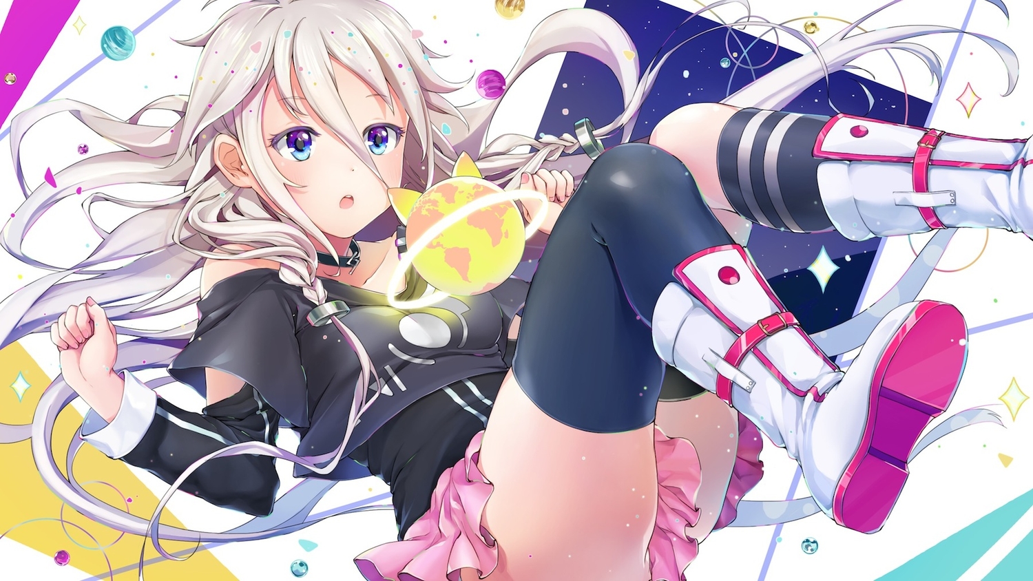aqua_eyes, boots, choker, gray_hair, ia, jpeg_artifacts, long_hair, megumoke, skirt, thighhighs, vocaloid