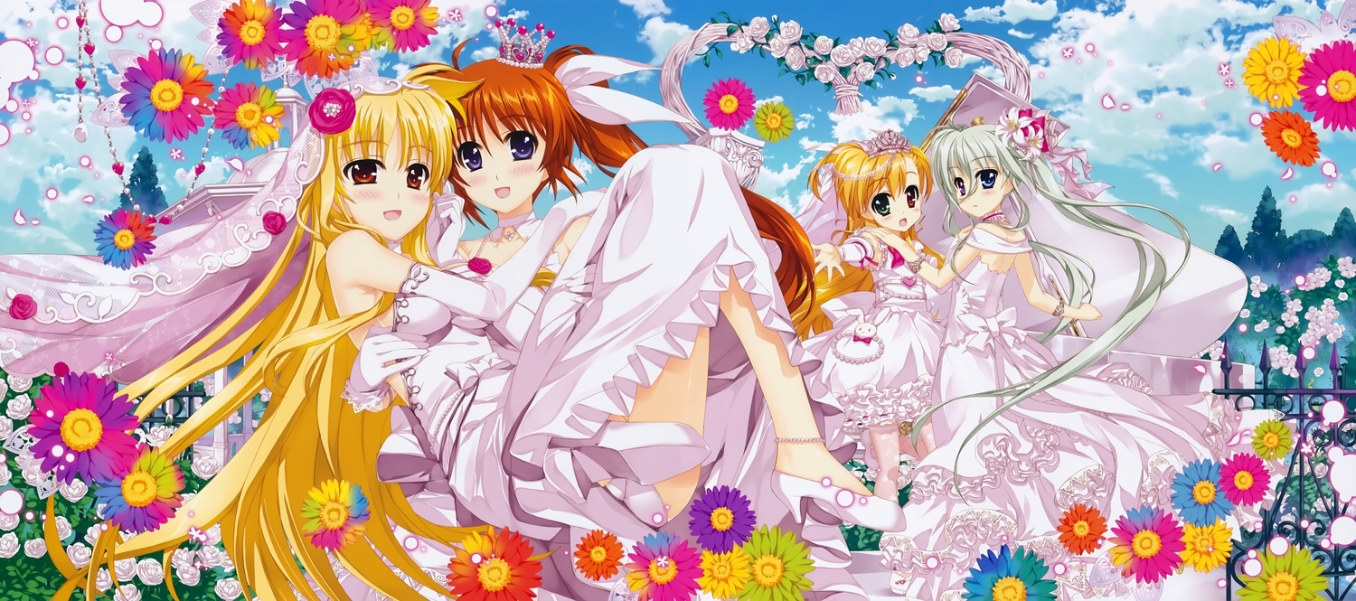 bicolored_eyes, blonde_hair, blue_eyes, brown_hair, einhart_stratos, fate_testarossa, fujima_takuya, gloves