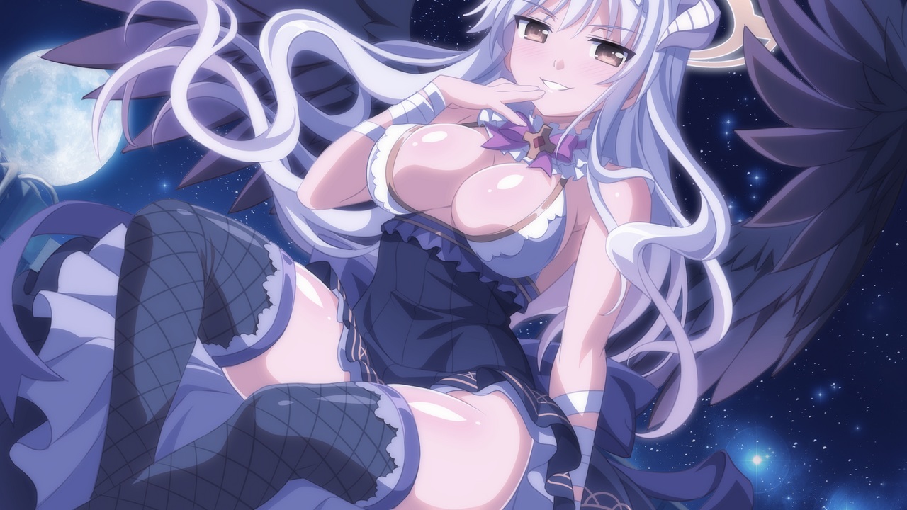 breasts, choker, cleavage, game_cg, green_hair, horns, long_hair, moon, sakura_angels, stars, tagme, thighhighs, wanaca, winged_cloud, wristwear, yellow_eyes, yuzuki_(sakura_angels)
