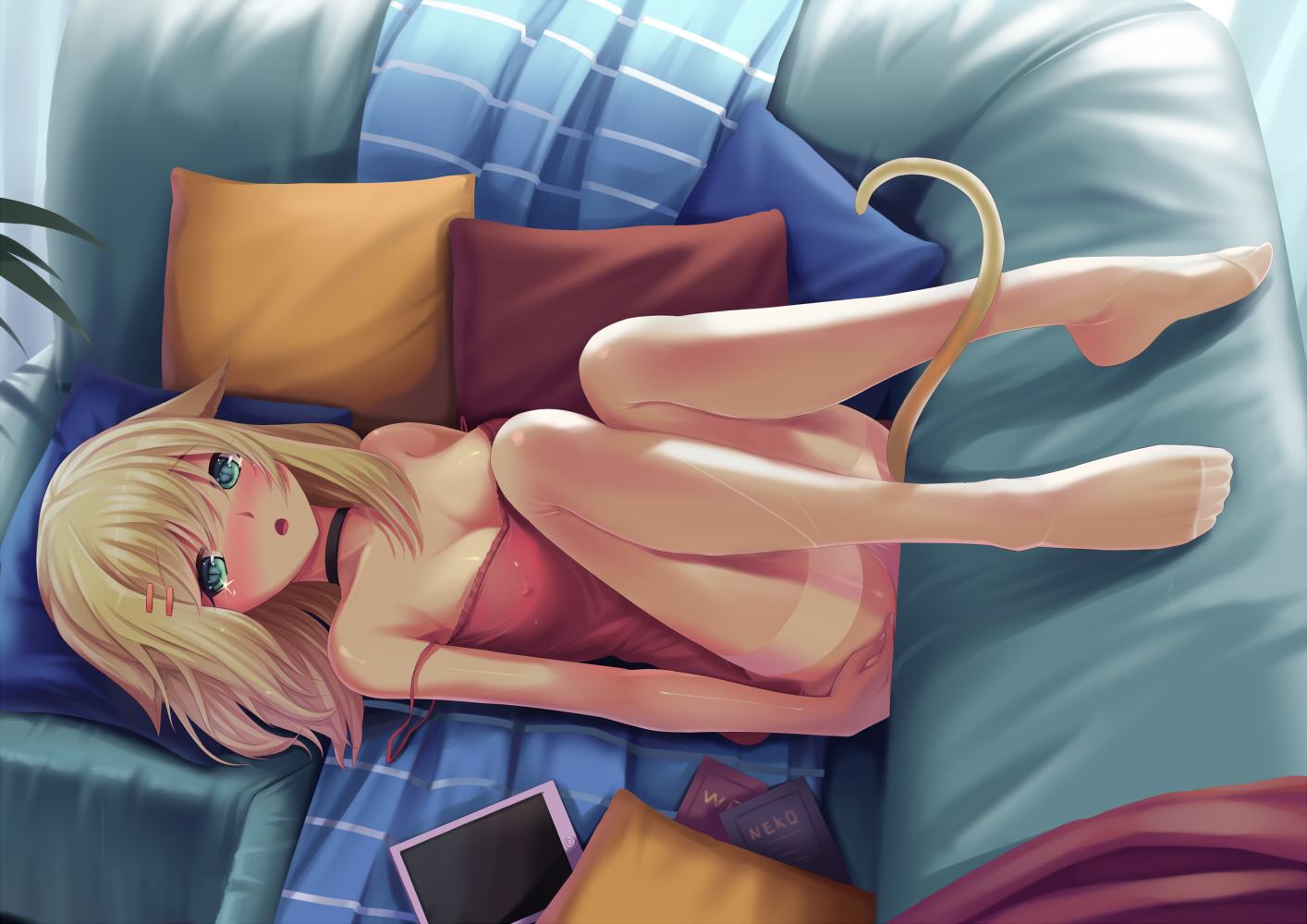 animal_ears, aqua_eyes, blonde_hair, blush, book, catgirl, choker, erect_nipples, long_hair, no_bra, original, panties, pantyhose, sonikey0_0, tail, tears, underwear