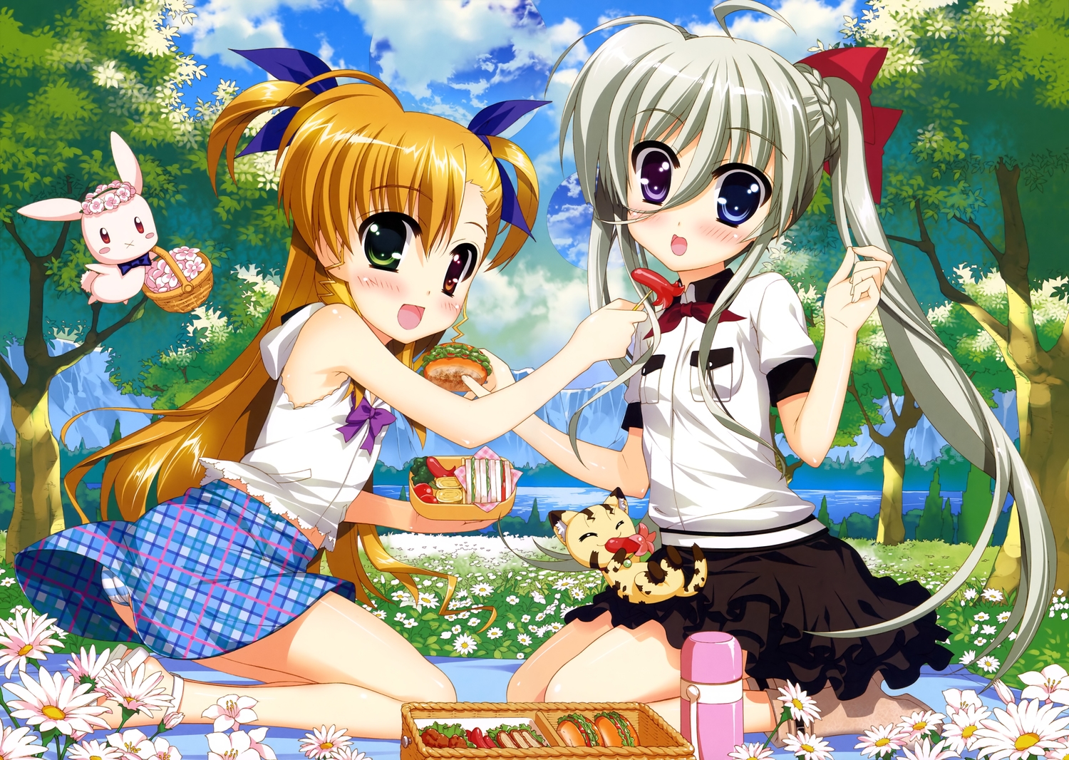 2girls, ass, asteion, bicolored_eyes, blonde_hair, blush, einhart_stratos, flowers