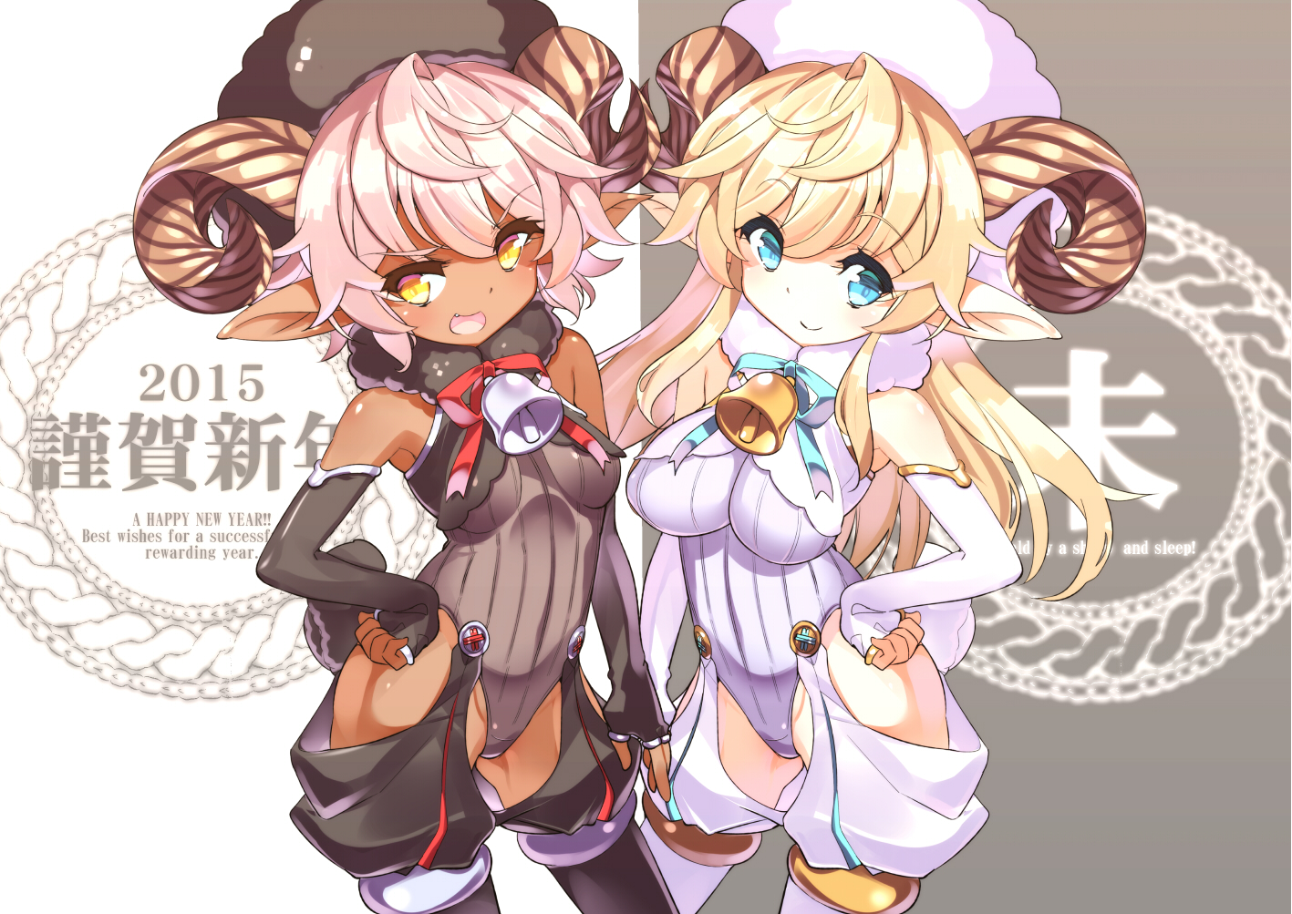 2girls, bell, blonde_hair, blue_eyes, bodysuit, breasts, elbow_gloves, fang, fujishima-01, gloves, hat, horns, long_hair, original, pink_hair, pointed_ears, sheepgirl, short_hair