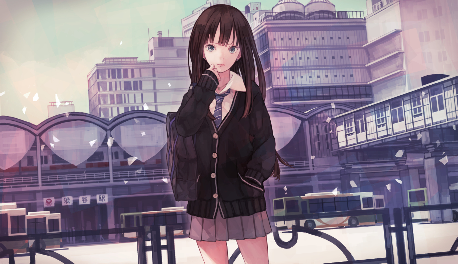 brown_hair, building, city, green_eyes, idolmaster, idolmaster_cinderella_girls, necklace, school_uniform