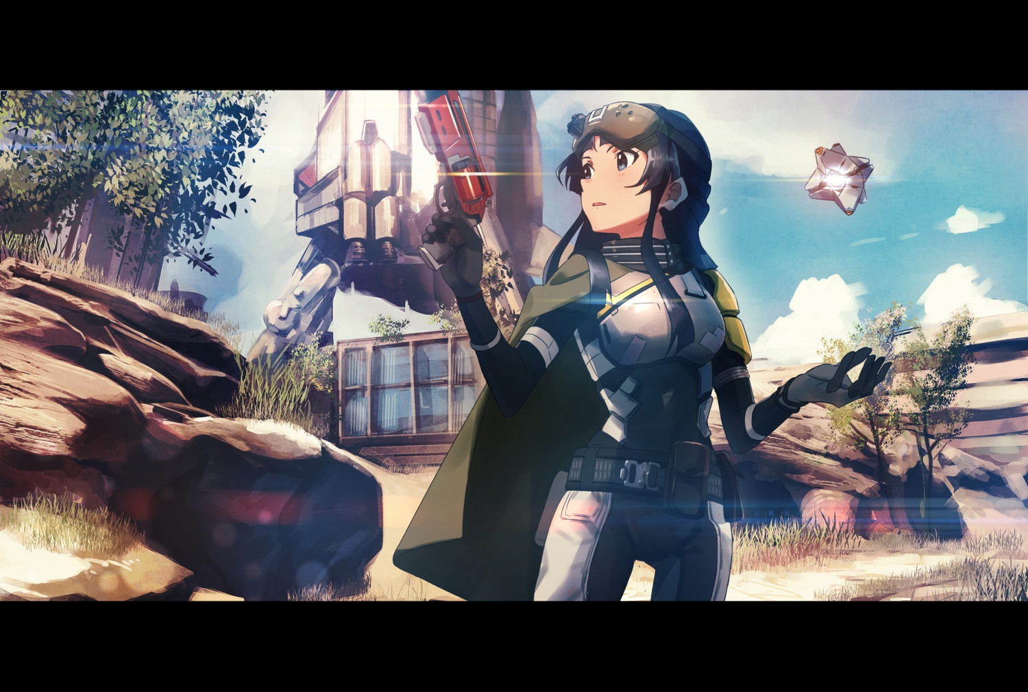 bodysuit, cape, destiny_(game), gun, idolmaster, idolmaster_million_live!, long_hair, mogami_shizuka, red10, weapon