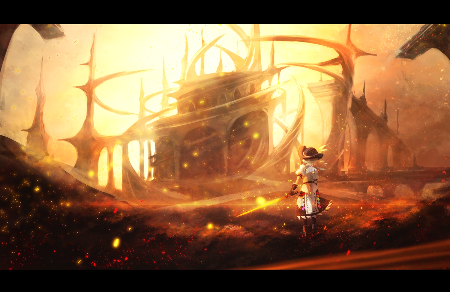 dress, gloves, hat, hinanawi_tenshi, kirisame_tarou, magic, ruins, sword, touhou, weapon, yellow