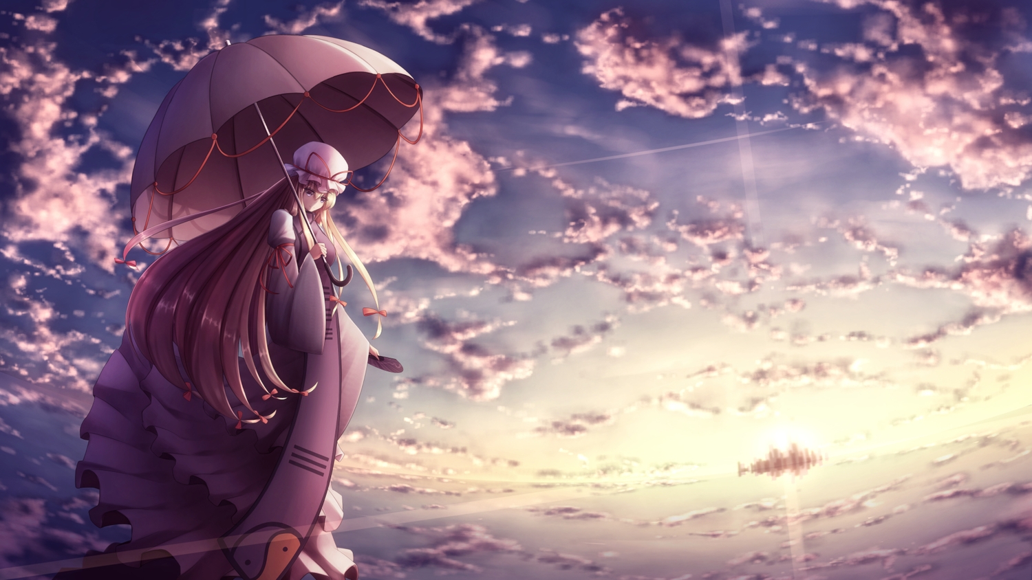 clouds, dress, hat, long_hair, sky, sunset, tanikawa, touhou, umbrella, yakumo_yukari